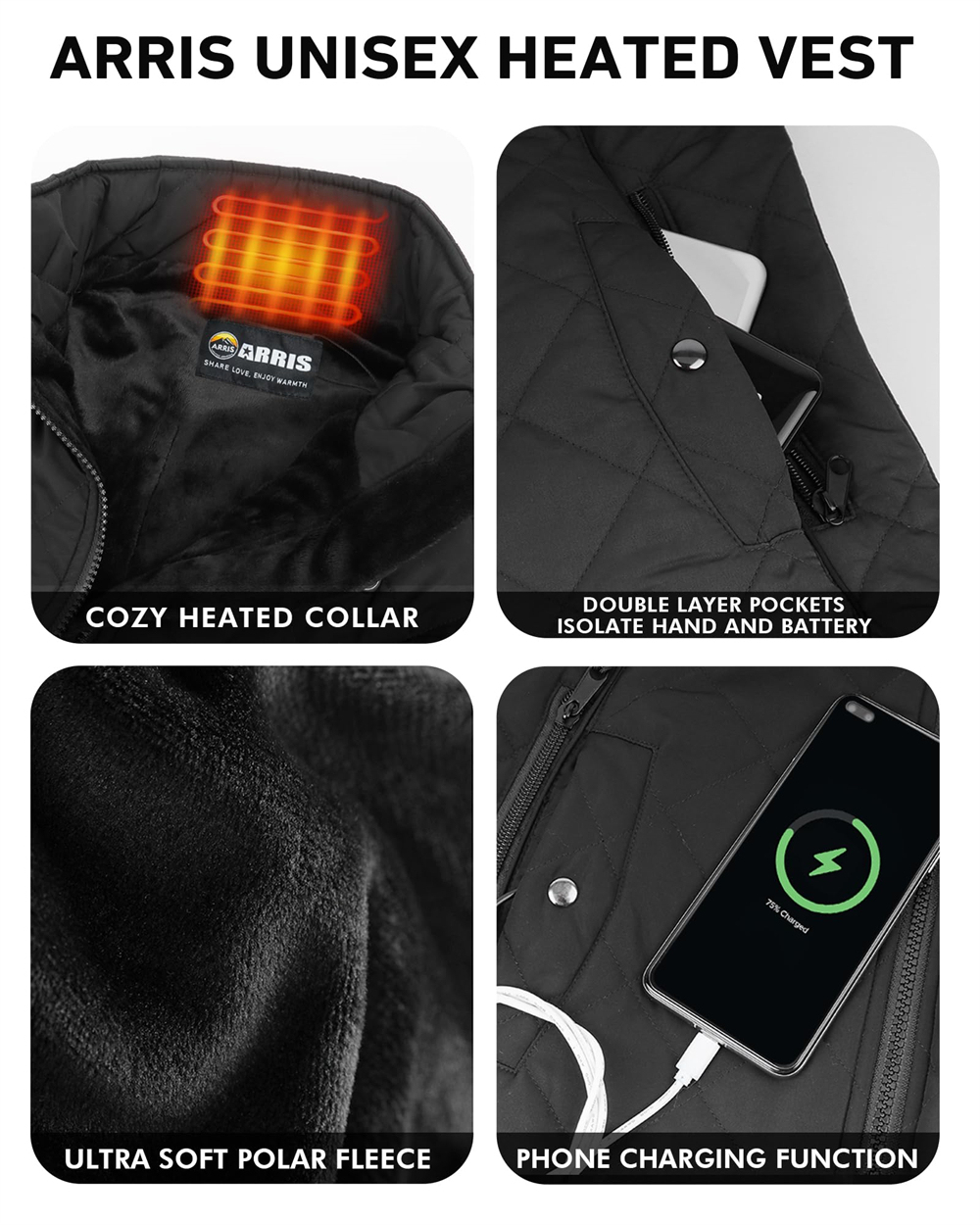 ARRIS Heated Vest for Women, Size Adjustable 7.4V Electric Warm Vest 8 Heating Panels with Battery Pack