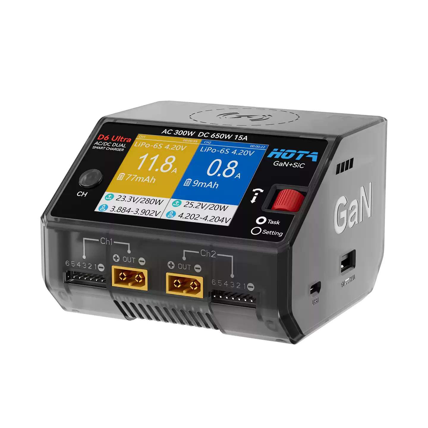 HOTA D6 Ultra GaN AC300W DC650W Dual Channel Smart Charger with Wireless Charging