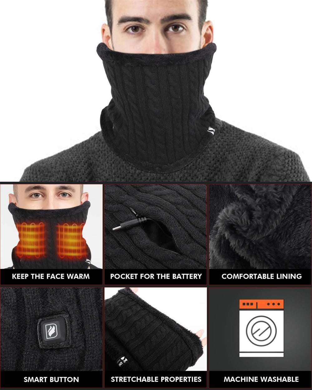 Rechargeable Heated Winter Neck Warmer for Men Women Neck Gaiter Face Scarf