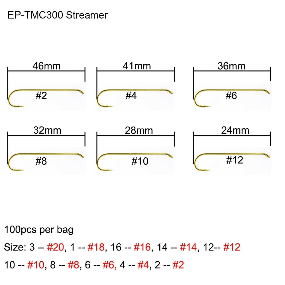 Eupheng 100pcs EP-TMC-300 Streamer Straight Forged Down Eye Fly Fishing Hooks