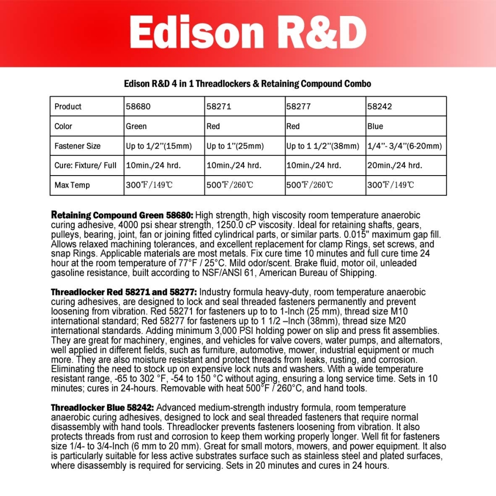 EDSRDXS 4 in 1 Threadlockers & Retaining Compound Combo Pack for Threads, Nuts, Bolts and Snap Rings Holding and Protection, Ball Bearing Holding Dura