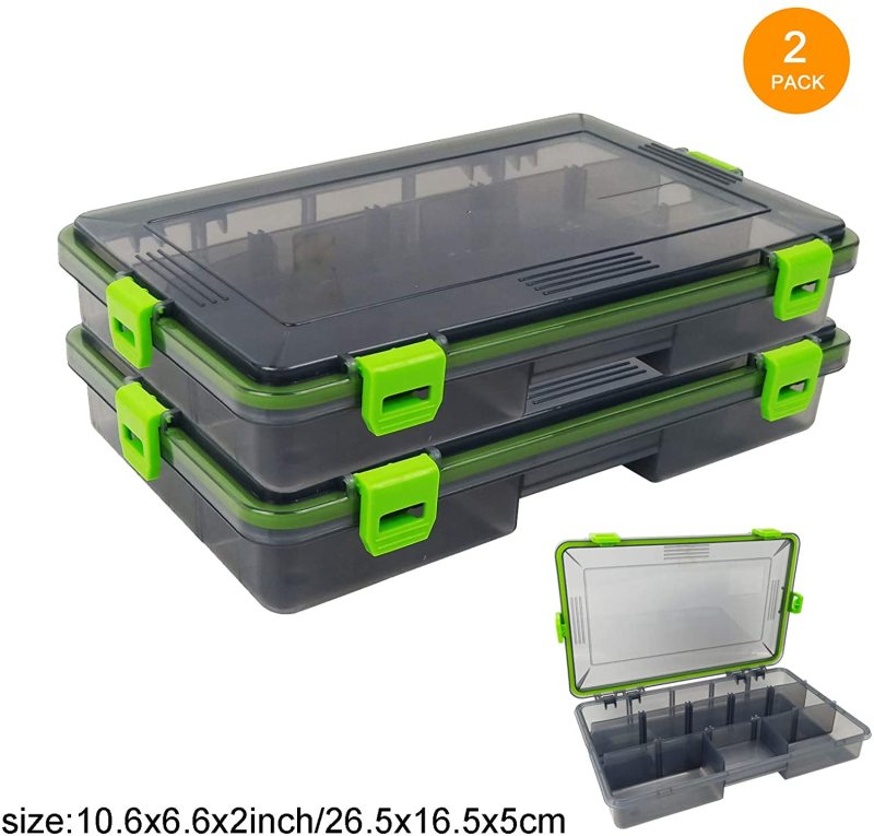 2PC Aventik Waterproof Fishing Tackle Boxes Hooks Storage Trags Organizer Box Transparent Adjustable Dividers Hold Terminal Fishing Tackle and Lure Box10.6X6.6X2inch