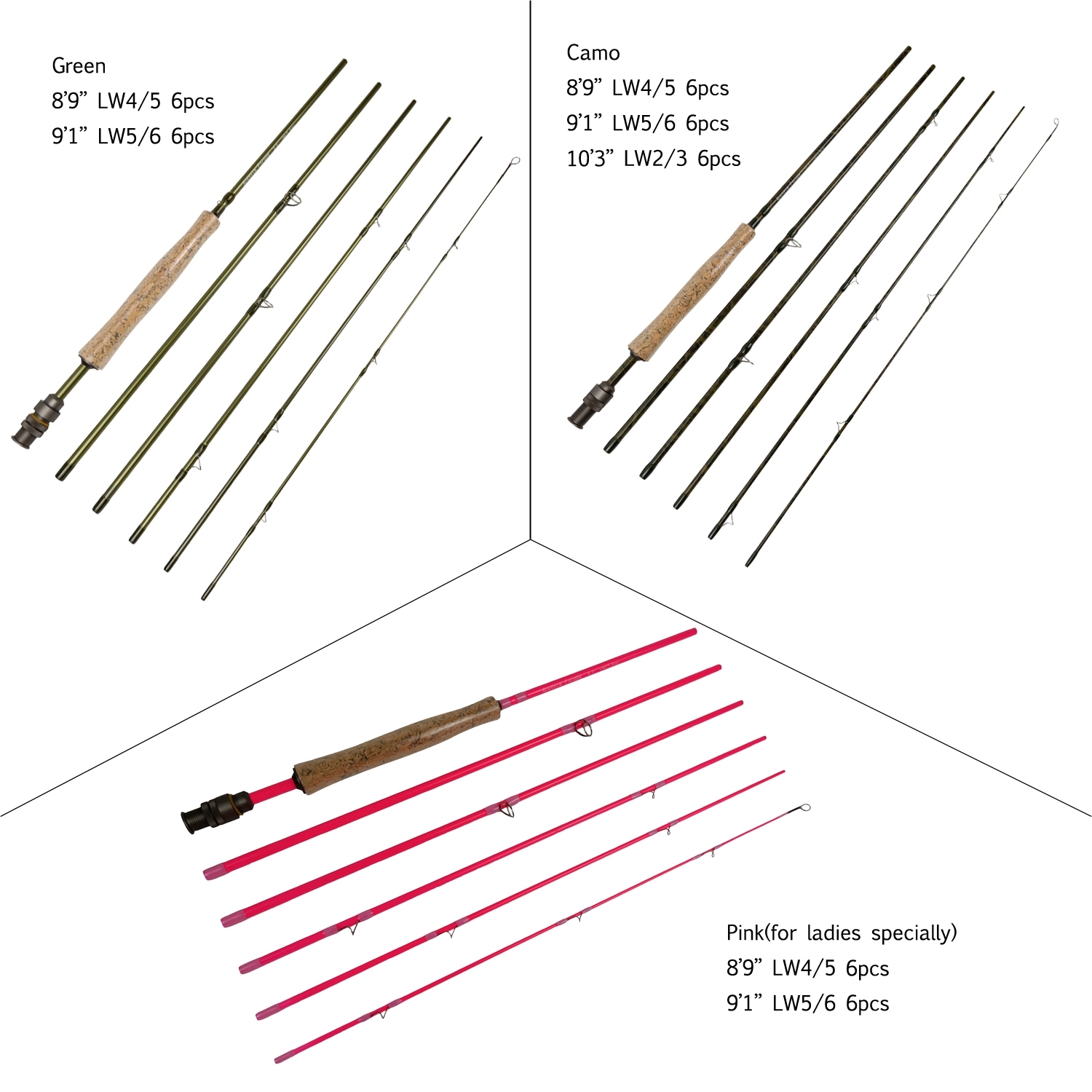 Aventik Economic 6 pieces Travel Fly fishing rods 8'9” LW4/5, 9'1'' LW5/ 6, 10'3” LW2/3, Pink for Ladies