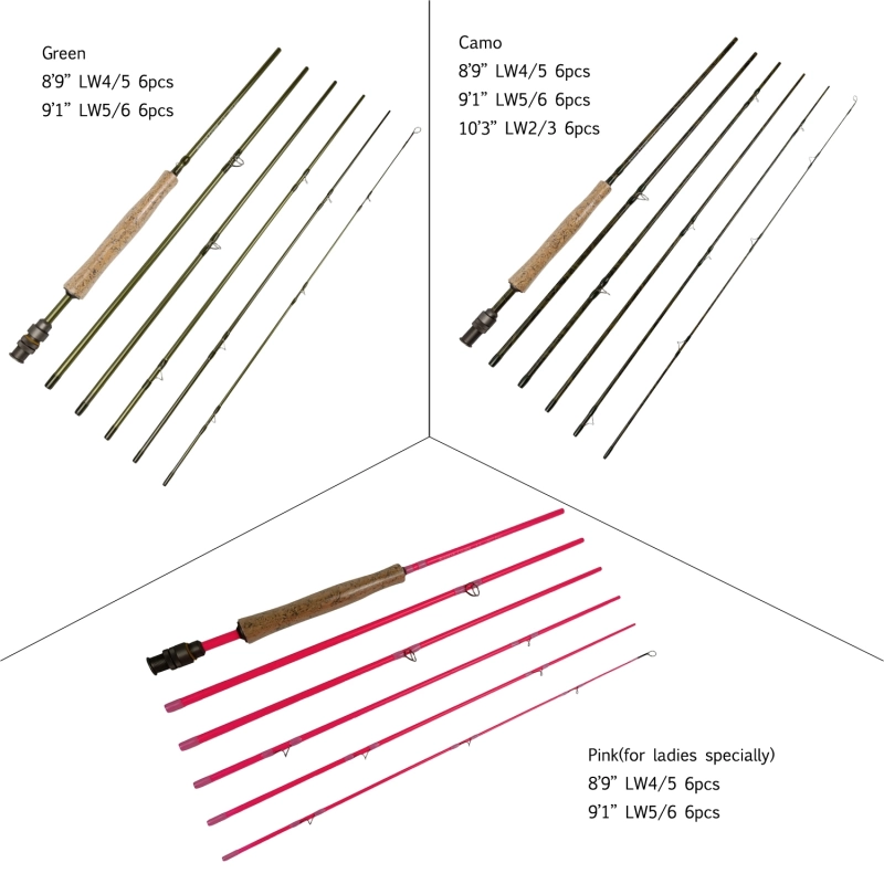 Aventik Economic 6 pieces Travel Fly fishing rods 8’9” LW4/5, 9&#39;1’’ LW5/6, 10’3” LW2/3, Pink for Ladies