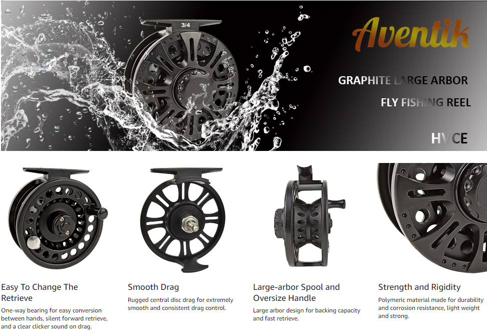 Aventik HVCE Graphite Fly Reel Center Drag System Classic III Graphite  Large Arbor Sizes 3/4, 5/6, 7/8 Fly Fishing Reels,Best seller