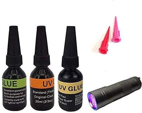 Riverruns UV Clear Glue Three Formula Thick,Thin and Super Flew +12 LED UV Power Light Fly Tying for Building Flies Flies Heads Bodies and Wings Tack Free