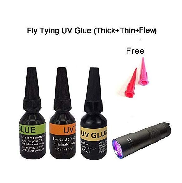 Riverruns UV Clear Glue Three Formula Thick,Thin and Super Flew +12 LED UV Power Light Fly Tying for Building Flies Flies Heads Bodies and Wings Tack Free