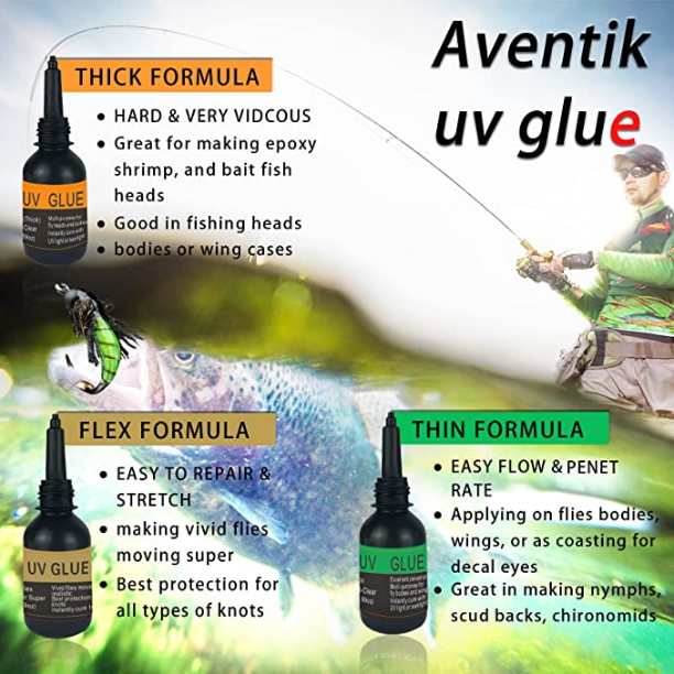 Riverruns UV Clear Glue Three Formula Thick,Thin and Super Flew +12 LED UV Power Light Fly Tying for Building Flies Flies Heads Bodies and Wings Tack Free