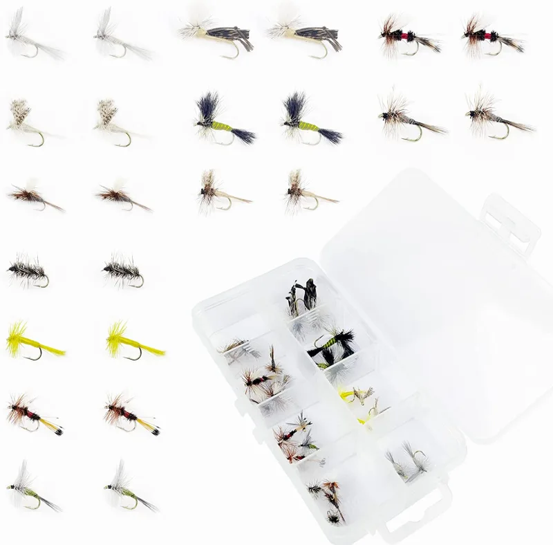 Fly Fishing Flies Dry Flies Assortment Combo Kit Handmade Fly Fishing Lures Nymphs Head Bead Flies for Trout Bass with Package Box