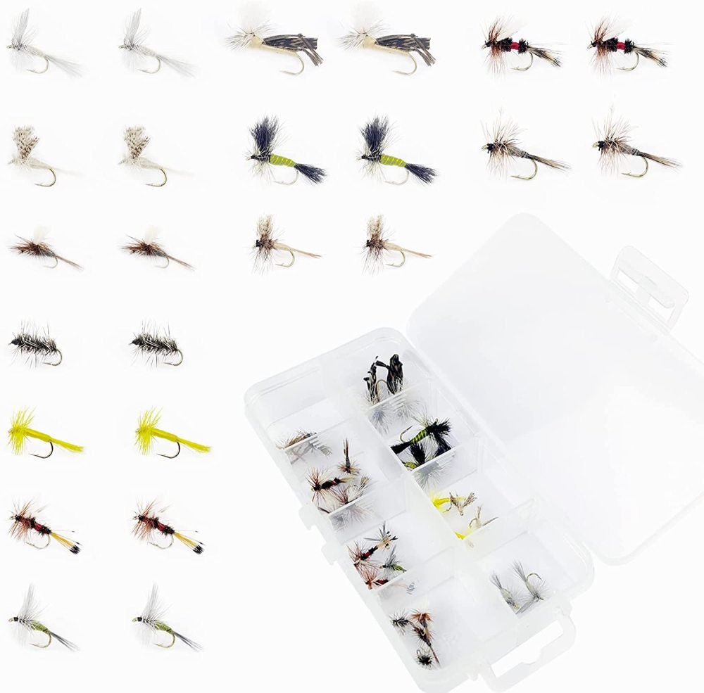 Fly Fishing Flies Dry Flies Assortment Combo Kit Handmade Fly Fishing Lures Nymphs Head Bead Flies for Trout Bass with Package Box
