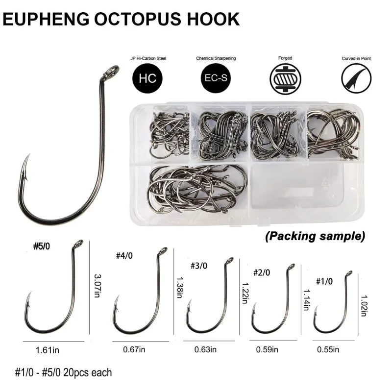 Eupheng EP-8299 50PCS Or 100PCS Assortment 8# to 9/0# Octopus Beak Offset Fishing Hooks High Carbon Steel Black Nickel Red Great Value Pack