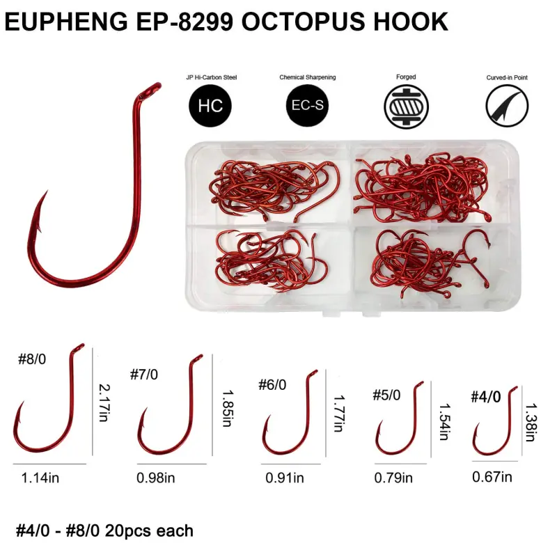 Eupheng EP-8299 50PCS Or 100PCS Assortment 8# to 9/0# Octopus Beak Offset Fishing Hooks High Carbon Steel Black Nickel Red Great Value Pack