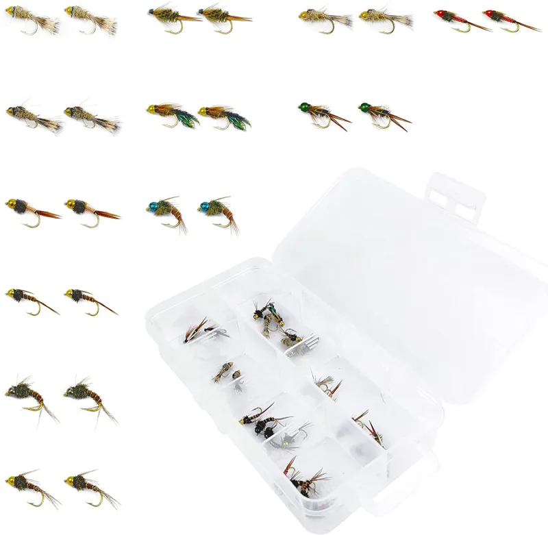 Fly Fishing Flies Dry Flies Assortment Combo Kit Handmade Fly Fishing Lures Nymphs Head Bead Flies for Trout Bass with Package Box