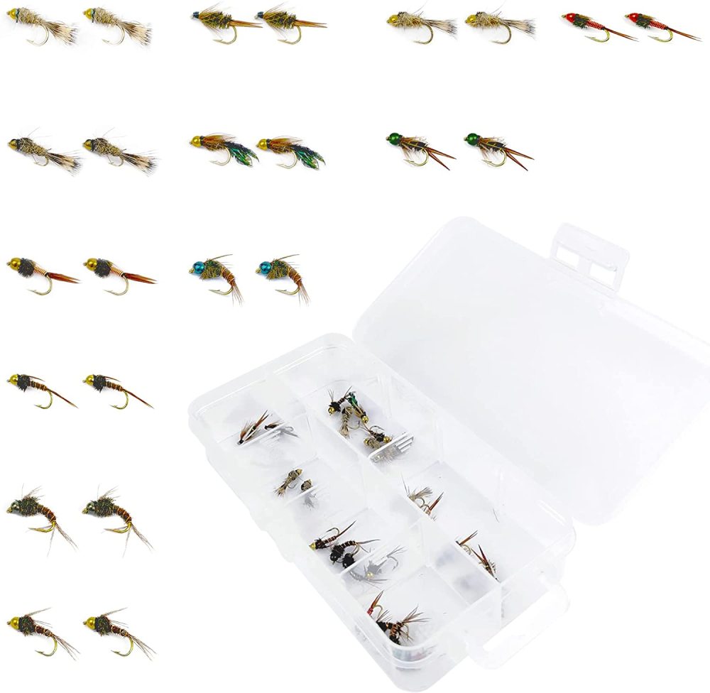 Fly Fishing Flies Dry Flies Assortment Combo Kit Handmade Fly Fishing Lures Nymphs Head Bead Flies for Trout Bass with Package Box