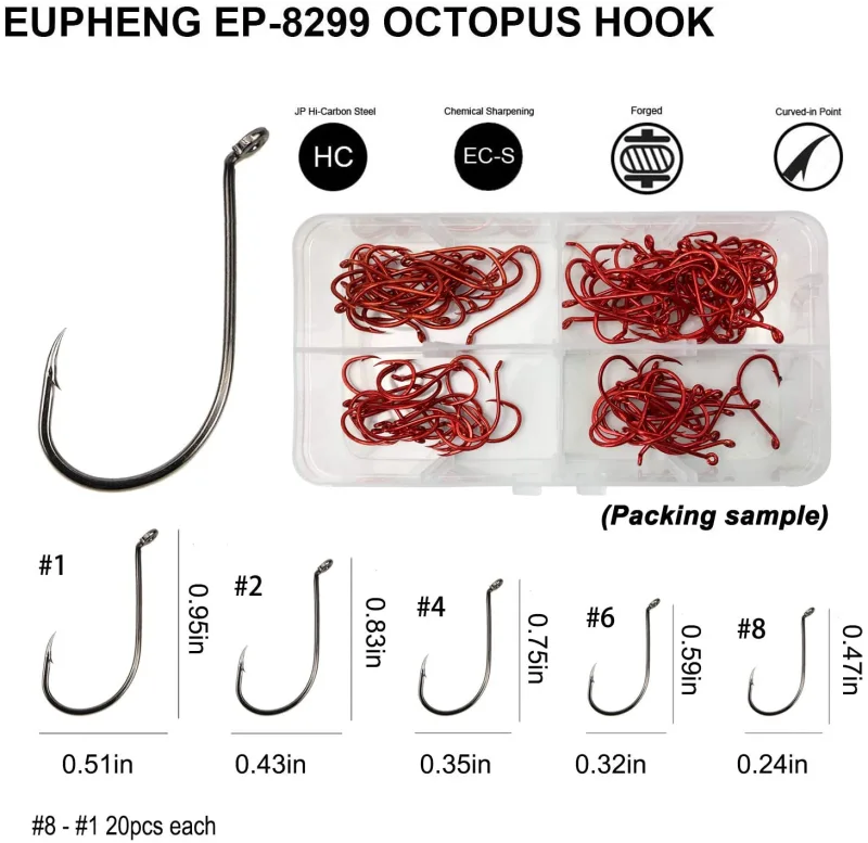 Eupheng EP-8299 50PCS Or 100PCS Assortment 8# to 9/0# Octopus Beak Offset Fishing Hooks High Carbon Steel Black Nickel Red Great Value Pack
