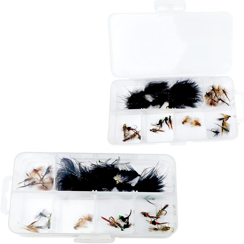 Fly Fishing Flies Dry Flies Assortment Combo Kit Handmade Fly Fishing Lures Nymphs Head Bead Flies for Trout Bass with Package Box