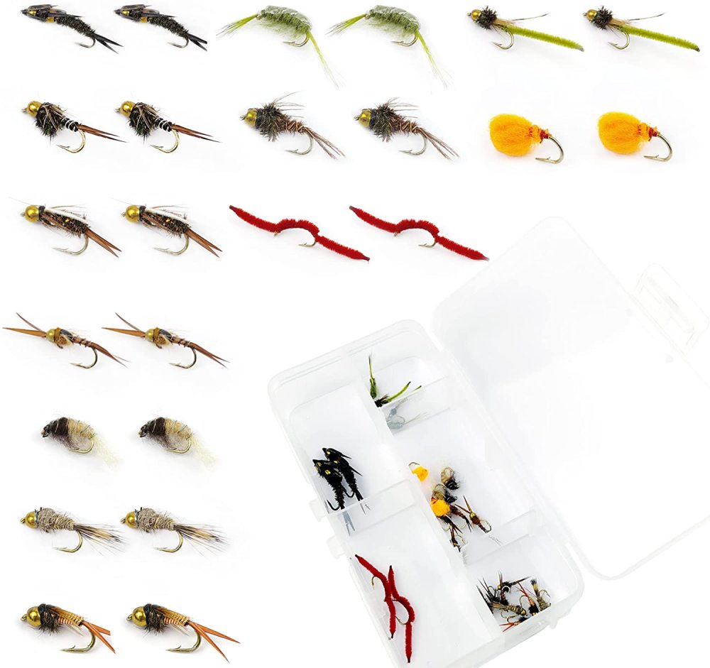 Fly Fishing Flies Dry Flies Assortment Combo Kit Handmade Fly Fishing Lures Nymphs Head Bead Flies for Trout Bass with Package Box