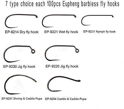 Eupheng 100pcs Plus Best Barbless Fishing Hooks Competition Fishing Hook Dry Nymph Strimp&Pupa Pupa& jig Fly Hooks with Free Mini Fly Box