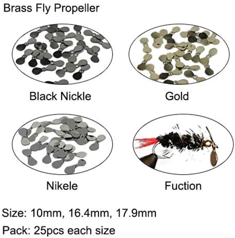 Aventik 75pcs Brass Fly Propeller, Well Balanced, Three Sizes, Three Fish Men Approved Finishes; Bass Bugs, Baitfish, Spinner Flies, Fresh Water & Salt Water