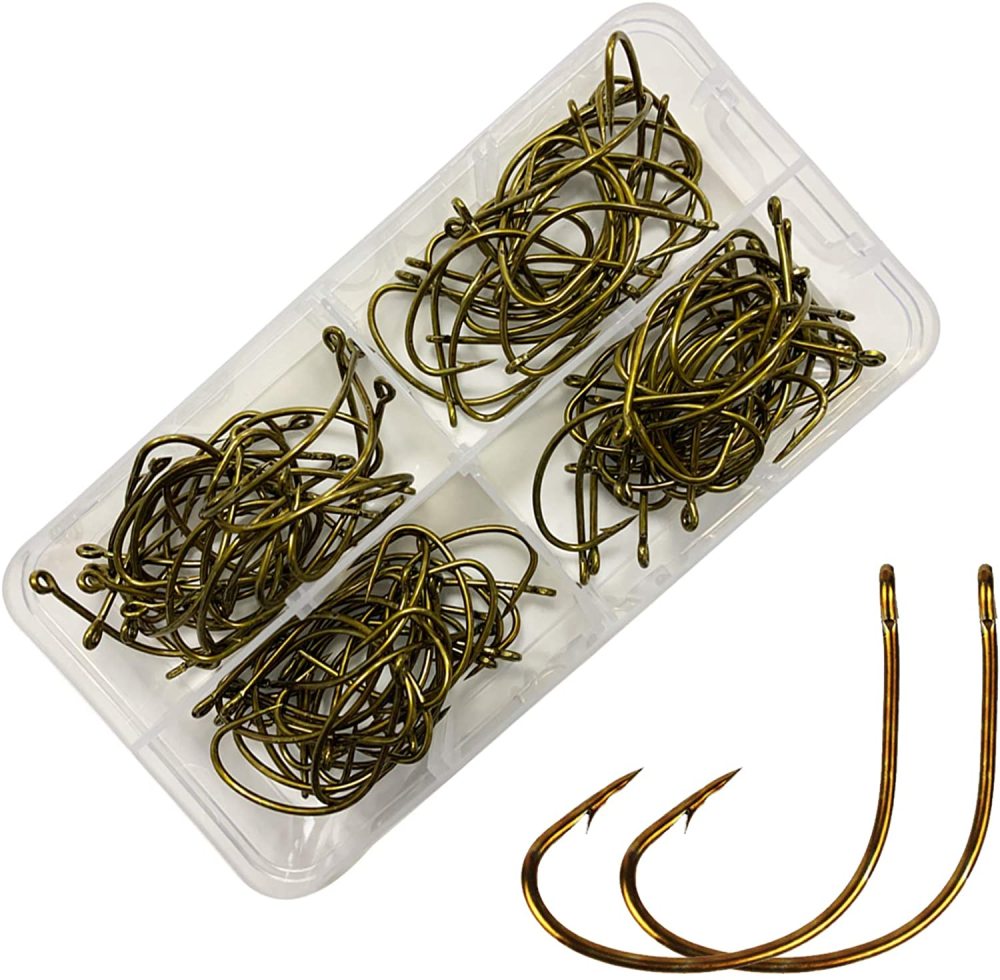 Eupheng EP-PSL41 100PCS Or 150PCS Assortment 6#-3/0# Live Bait Fishing Hooks Offset Light Wire Straight Eye High Carbon Steel Bronze Wide Gap Reversed PointGreat Value Collection