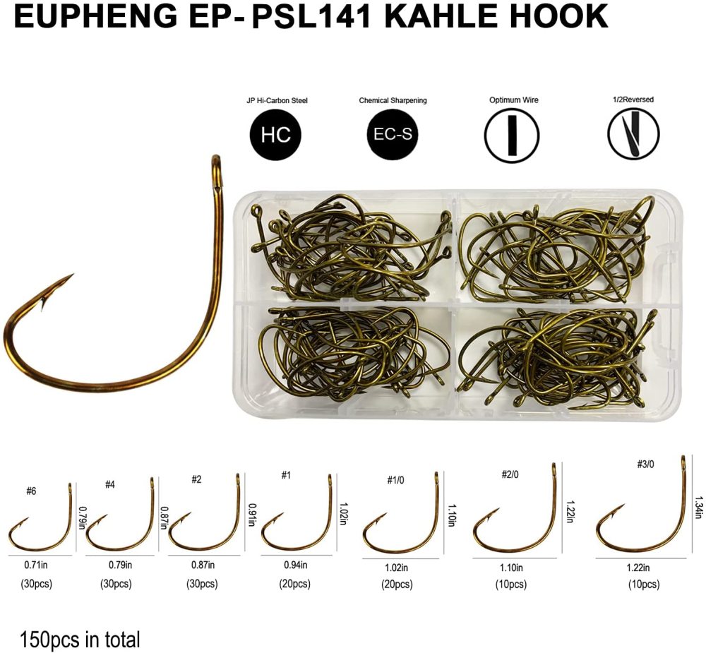 Eupheng EP-PSL41 100PCS Or 150PCS Assortment 6#-3/0# Live Bait Fishing Hooks Offset Light Wire Straight Eye High Carbon Steel Bronze Wide Gap Reversed PointGreat Value Collection