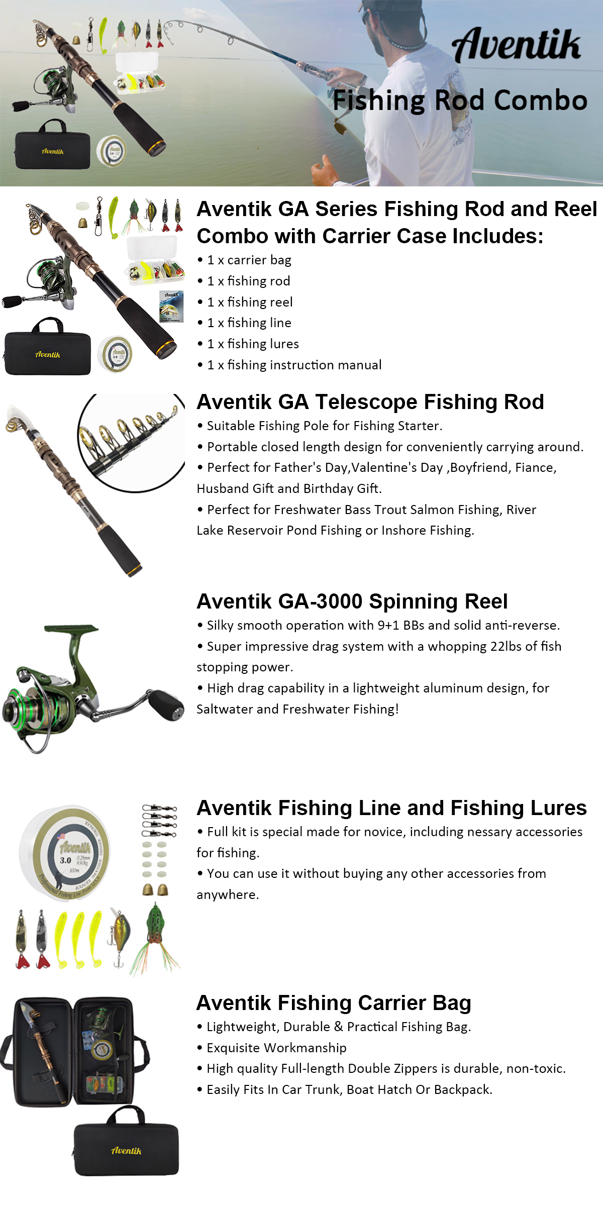 Aventik Fishing Rod and Reel Combos Carbon Fiber Telescopic Fishing Pole  with Reel Combo Sea Saltwater&Freshwater