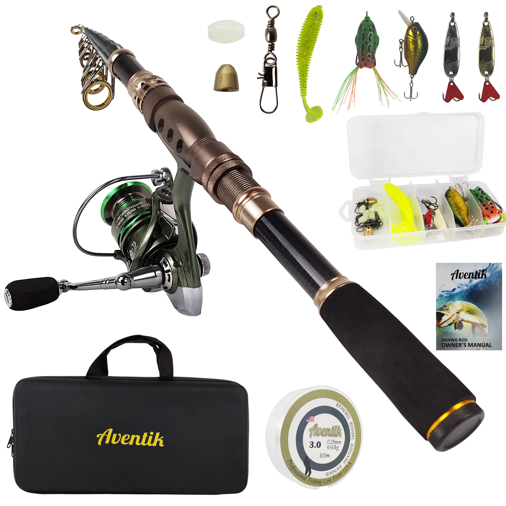 Fishing Rod Kit, Carbon Fiber Telescopic Fishing Rod and Reel Combo with  Spinning Reel, Line, Bionic Bait, Hooks and Carrier Bag, Fishing Gear Set  for Beginner Adults Saltwater Freshwater, Spinning Combos 