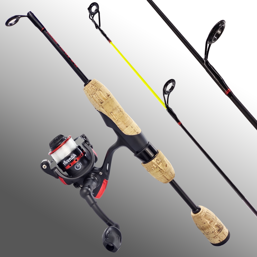 Aventik Ice Fishing Combo, 2 Series Aurora & Hollow, 1 Ice Fishing Rod, 1 Ice Fishing Reel, 1 Ice Fishing Line, 1 Kit Ice Fishing Jig with Soft Lure,