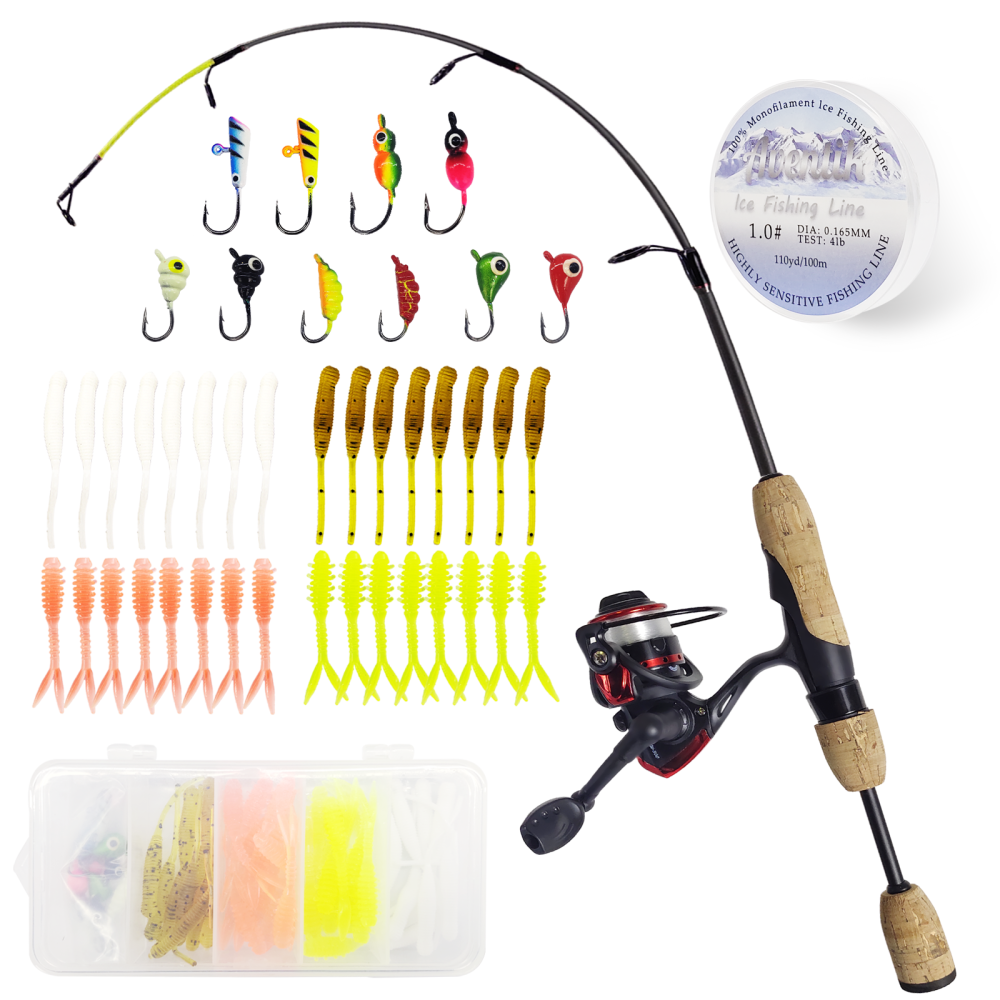 Aventik Ice Fishing Combo, 2 Series Aurora & Hollow, 1 Ice Fishing Rod, 1 Ice Fishing Reel, 1 Ice Fishing Line, 1 Kit Ice Fishing Jig with Soft Lure,