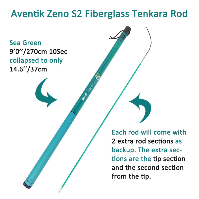 Aventik Zeno S2-Glass Tenkara Rod with 2 Extra Rod Sections 10 Sec in 9ft/10ft Excellent Durability and Strength, Collapsed to Only 14.6in/15.2in, 6:4 Soft M-Action, Super Lightweight and Compact, Elegant Translucent Color Super Eye-catching