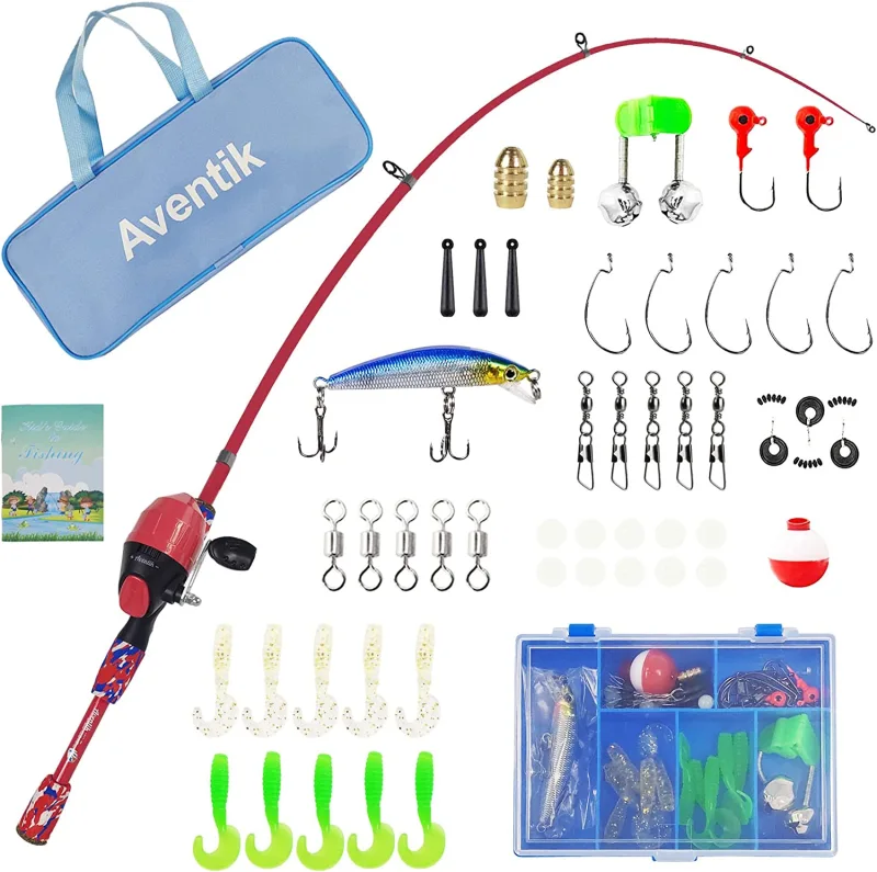 Aventik Kids Fishing Starter Kit - with Tackle Box, Reel, Practice Plug, Beginner's Guide and Travel Bag for Boys, Girls