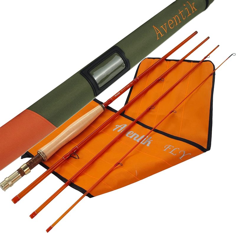 Aventik S-Glass Fly Fishing Rod, 6-8tf 1/2/3/4/5/8wt Ultra Light Classic Medium Fast Action Super Fiberglass Fly Rods in Red,Orange,Brown,Yellow,Green with Carrying Case