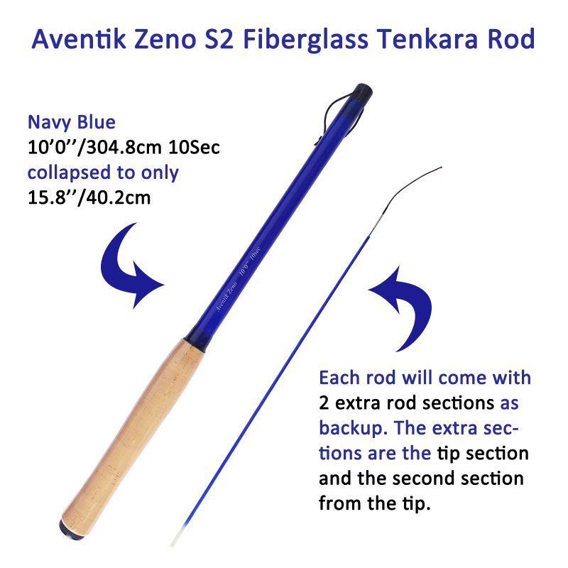 Aventik Zeno S2-Glass Tenkara Rod with 2 Extra Rod Sections 10 Sec in 9ft/10ft Excellent Durability and Strength, Collapsed to Only 14.6in/15.2in, 6:4 Soft M-Action, Super Lightweight and Compact, Elegant Translucent Color Super Eye-catching