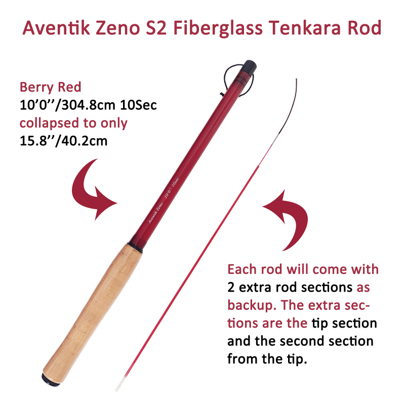 Aventik Zeno S2-Glass Tenkara Rod with 2 Extra Rod Sections 10 Sec in 9ft/10ft Excellent Durability and Strength, Collapsed to Only 14.6in/15.2in, 6:4 Soft M-Action, Super Lightweight and Compact, Elegant Translucent Color Super Eye-catching