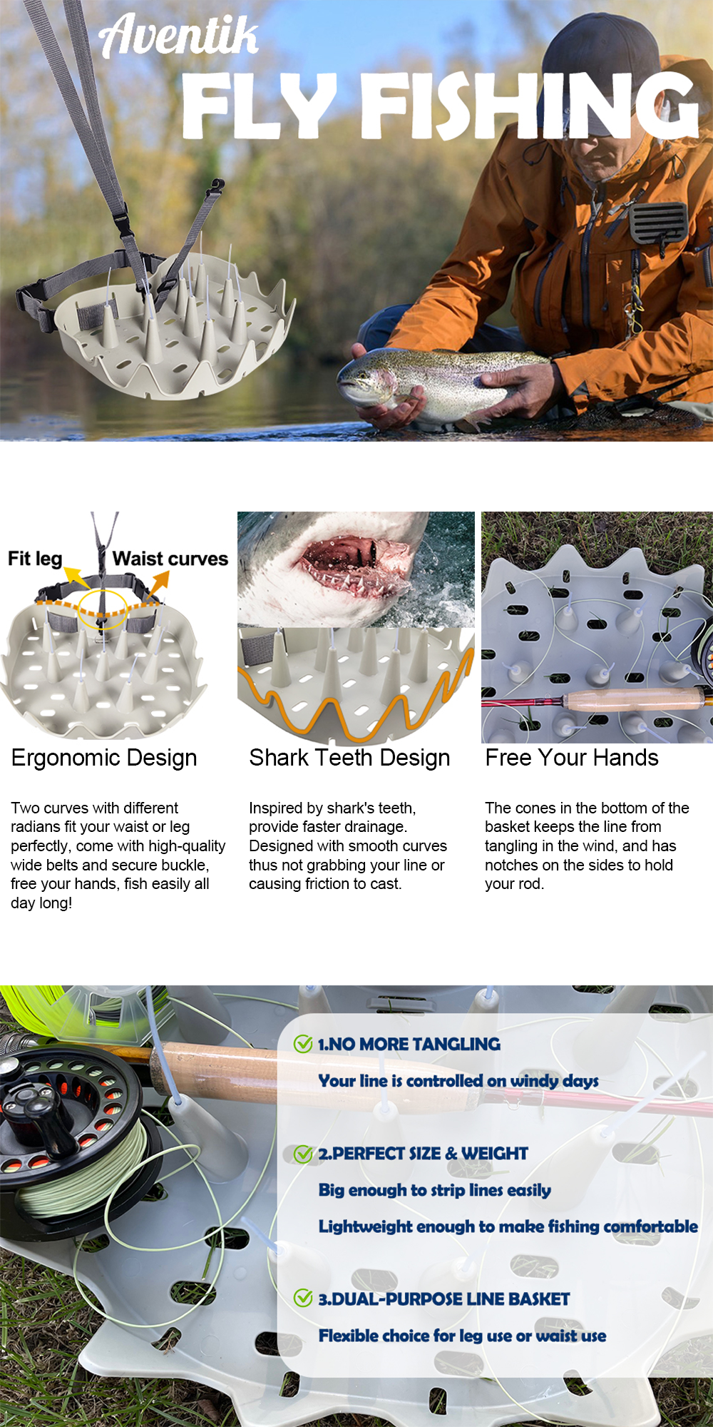 EUPHENG Shark Teeth Design Fly Fishing Stripping Basket, Faster