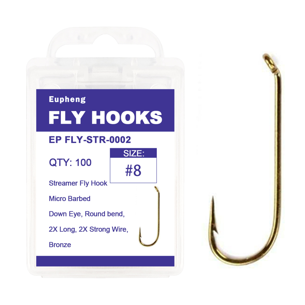 Eupheng Fly Fishing Hooks 100pc Pack Micro Barbed High Carbon Steel Bronze Forged for Dry Flies, Curved Nymphs, Shrimp,Caddis Pupa
