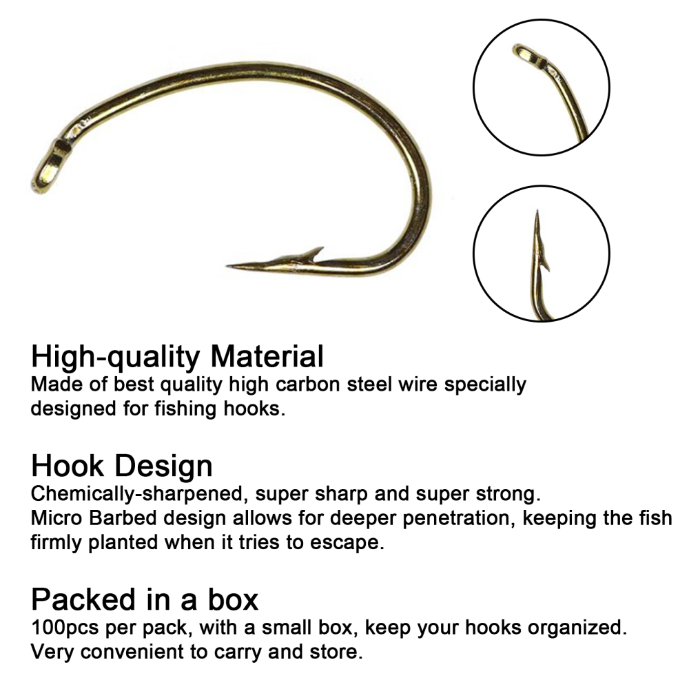 Eupheng Fly Fishing Hooks 100pc Pack Micro Barbed High Carbon Steel Bronze Forged for Dry Flies, Curved Nymphs, Shrimp,Caddis Pupa