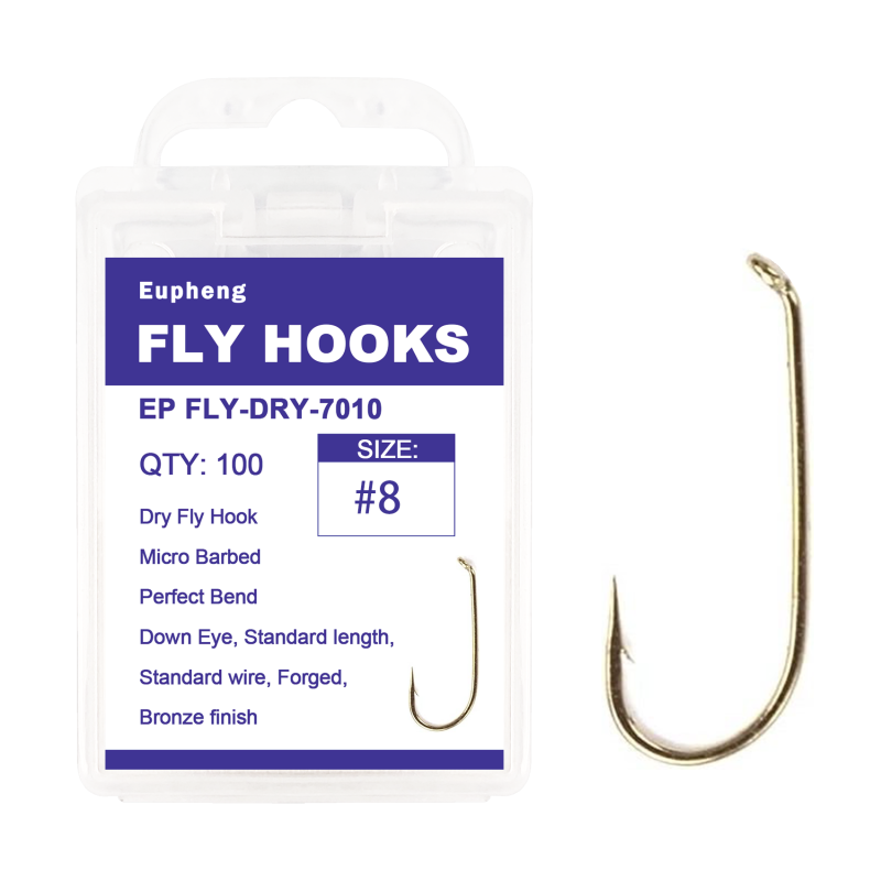 Eupheng Fly Fishing Hooks 100pc Pack Micro Barbed High Carbon Steel Bronze Forged for Dry Flies, Curved Nymphs, Shrimp,Caddis Pupa