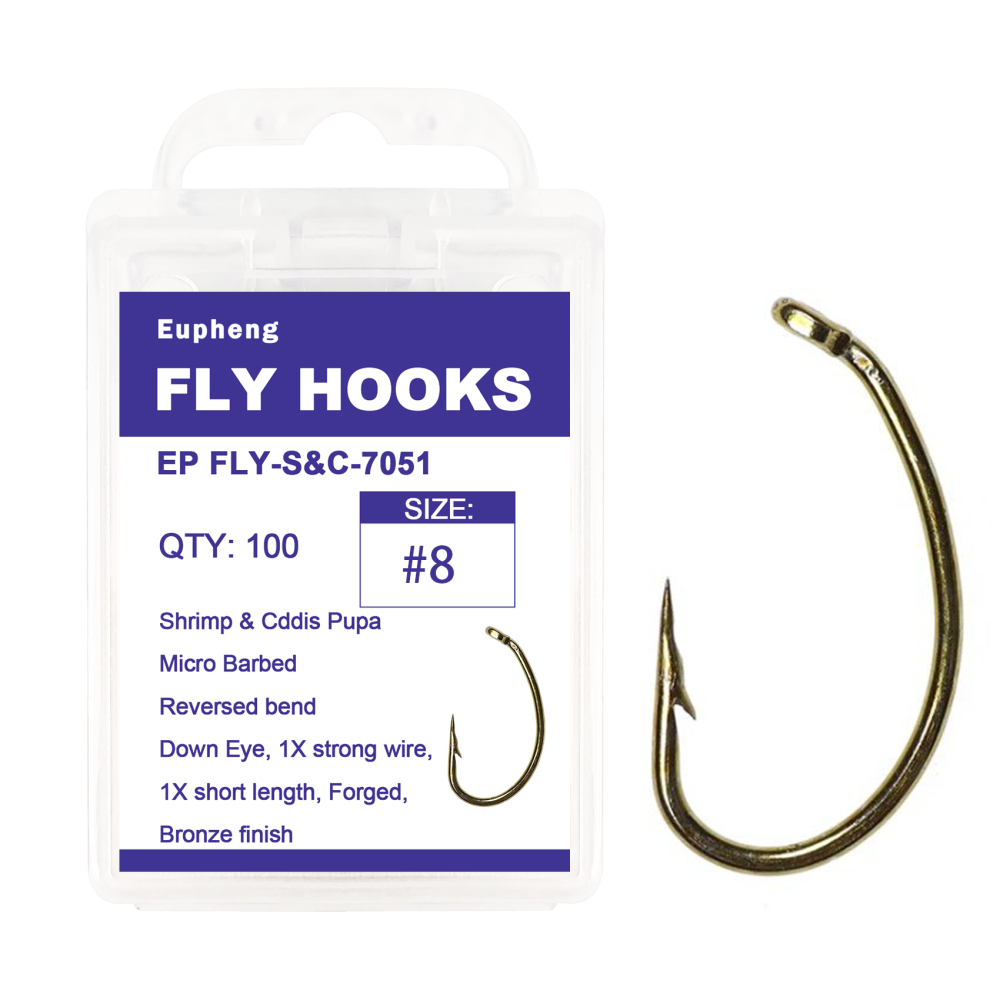Eupheng Fly Fishing Hooks 100pc Pack Micro Barbed High Carbon Steel Bronze Forged for Dry Flies, Curved Nymphs, Shrimp,Caddis Pupa