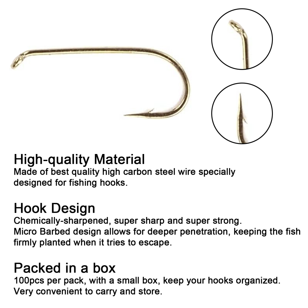 Eupheng Fly Fishing Hooks 100pc Pack Micro Barbed High Carbon Steel Bronze Forged for Dry Flies, Curved Nymphs, Shrimp,Caddis Pupa