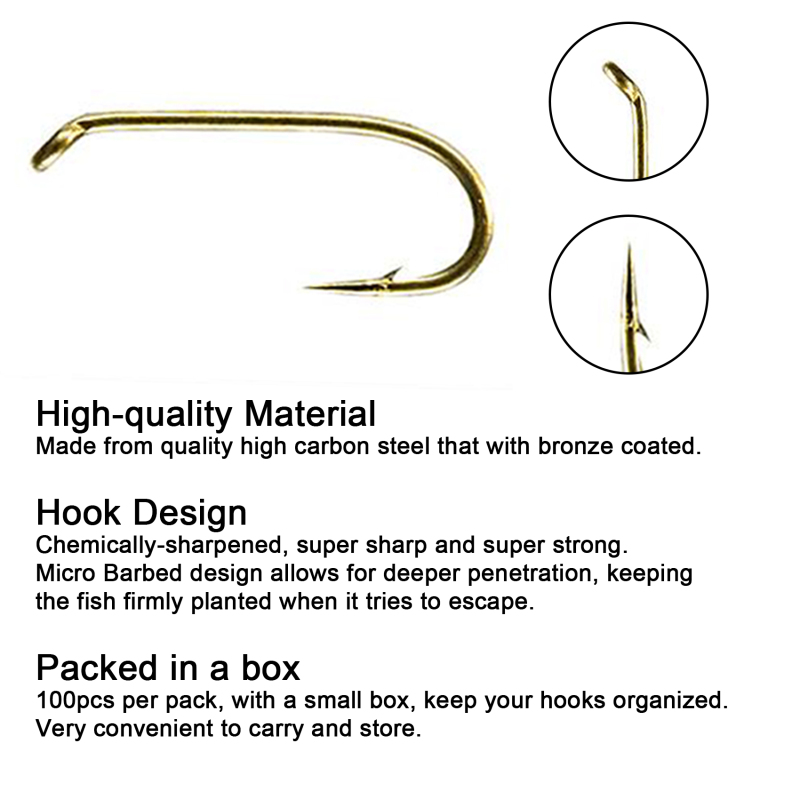 Eupheng Fly Fishing Hooks 100pc Pack Micro Barbed High Carbon Steel Bronze Forged for Dry Flies, Curved Nymphs, Shrimp,Caddis Pupa