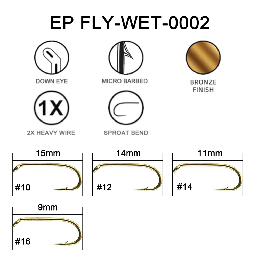Eupheng Fly Fishing Hooks 100pc Pack Micro Barbed High Carbon Steel Bronze Forged for Dry Flies, Curved Nymphs, Shrimp,Caddis Pupa