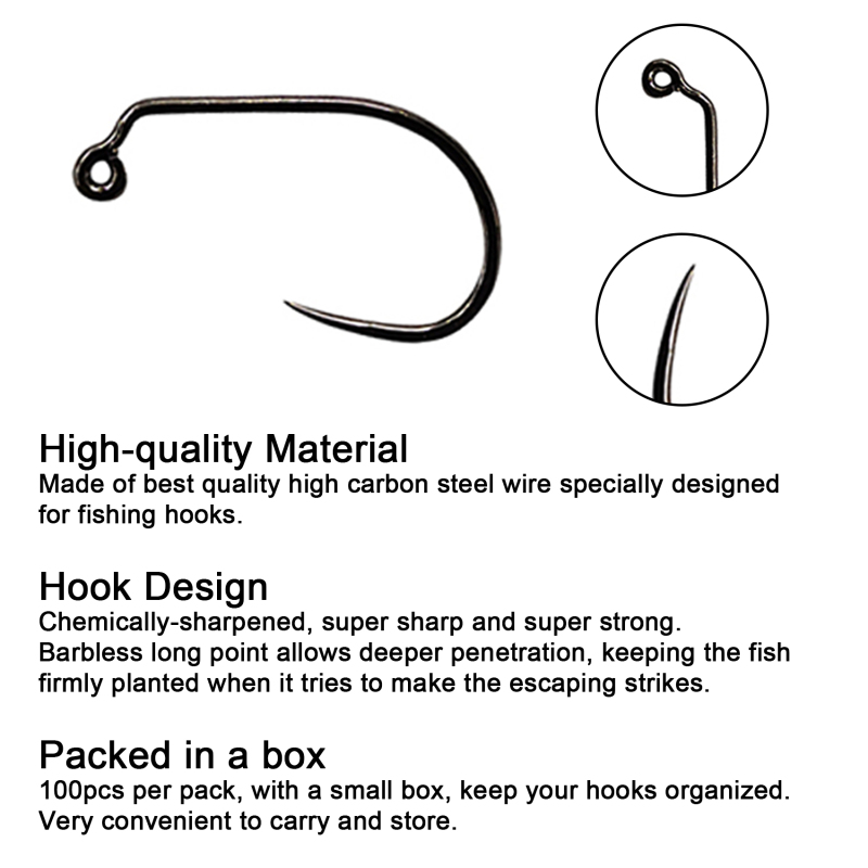 Eupheng Fly Fishing Hooks 100pc Pack Micro Barbed High Carbon Steel Bronze Forged for Dry Flies, Curved Nymphs, Shrimp,Caddis Pupa