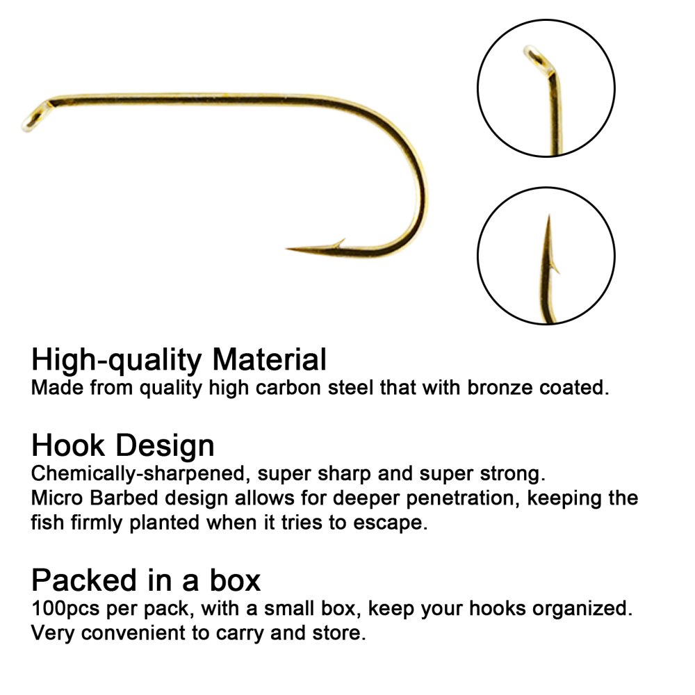 Eupheng Fly Fishing Hooks 100pc Pack Micro Barbed High Carbon Steel Bronze Forged for Dry Flies, Curved Nymphs, Shrimp,Caddis Pupa