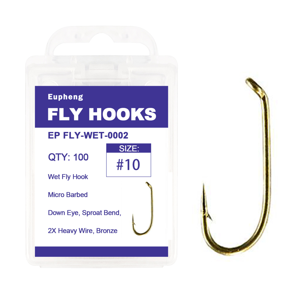 Eupheng Fly Fishing Hooks 100pc Pack Micro Barbed High Carbon Steel Bronze Forged for Dry Flies, Curved Nymphs, Shrimp,Caddis Pupa