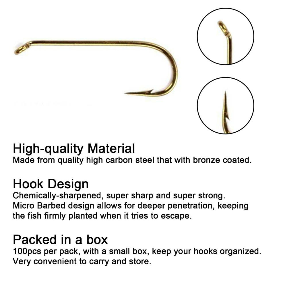 Eupheng Fly Fishing Hooks 100pc Pack Micro Barbed High Carbon Steel Bronze Forged for Dry Flies, Curved Nymphs, Shrimp,Caddis Pupa