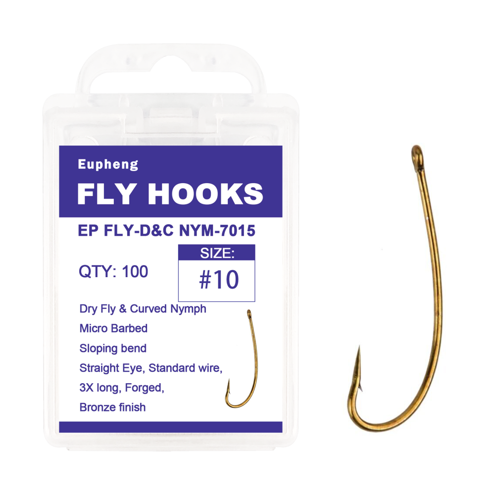 Eupheng Fly Fishing Hooks 100pc Pack Micro Barbed High Carbon Steel Bronze Forged for Dry Flies, Curved Nymphs, Shrimp,Caddis Pupa