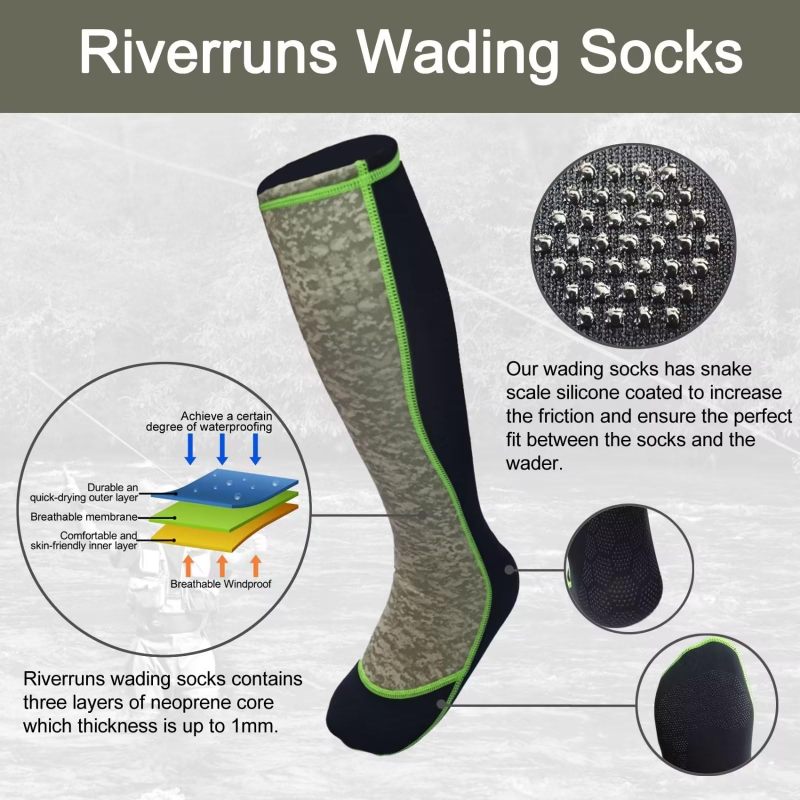 Riverruns Frictionless Wading Socks, Neoprene Wet-suit Wader socks for Men and Women Outdoor Fishing, Surfing, Wakeboarding