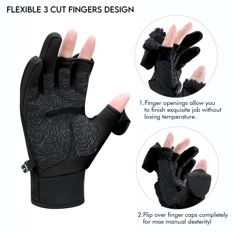 Riverruns Flexible Fishing Gloves Fleece Lining Windproof Ice Fishing Gloves Water-Repellent Touchscreen 3 Cut Fingers