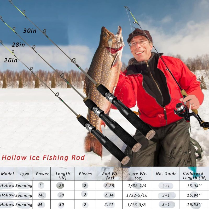 Aventik Ultralight Ice Fishing Rod 24/26/28/30/32 inch Medium Light Fast Action Multi Target Species Spinning Ice Fishing Rods for Walleye Perch Panfish and Trout